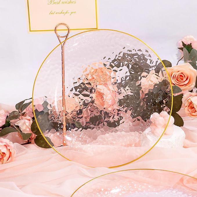 Rubtlamp 60 Pieces Pink Gold Plastic Plates - 10 inch Pink Plastic Dinner Plates - Hammer Pattern Design - Fancy Clear and Gold Disposable Plates Ideal for Mother's Day