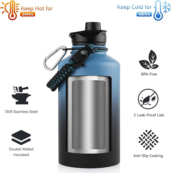 64 oz Insulated Water Bottle with Straw & Spout Lids, Stainless Steel Metal Half Gallon Water Jug with Paracord Handle, Double Wall Vacuum, Leakproof, Keep Drinks Cold & Hot, Blue Black Gradient