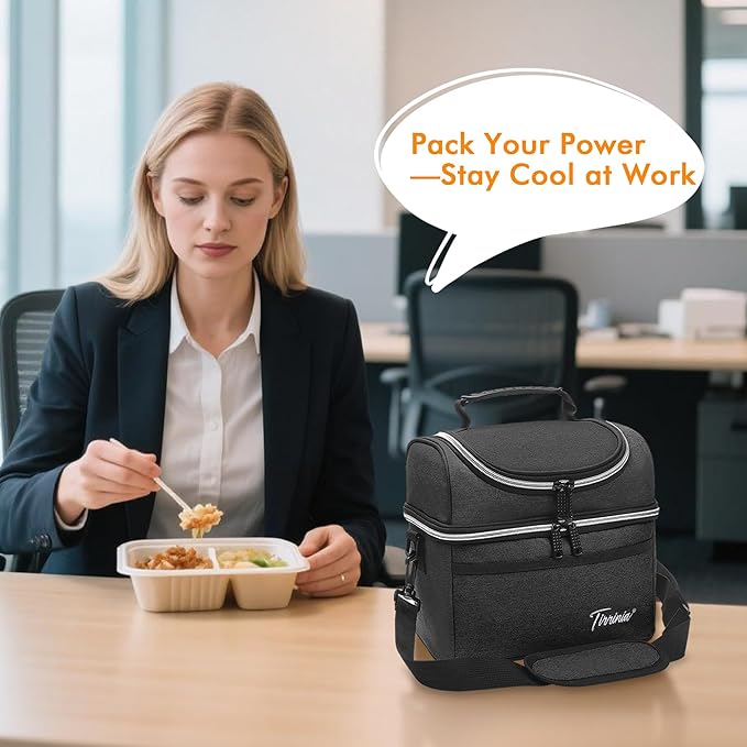 Tirrinia Reusable Lunch Box for Men Women, Insulated Lunch Bag Adult Work, Double Decker Leakproof Lunchbox for Office Picnic Beach—Dual Compartment Lunch Cooler Bag,Black