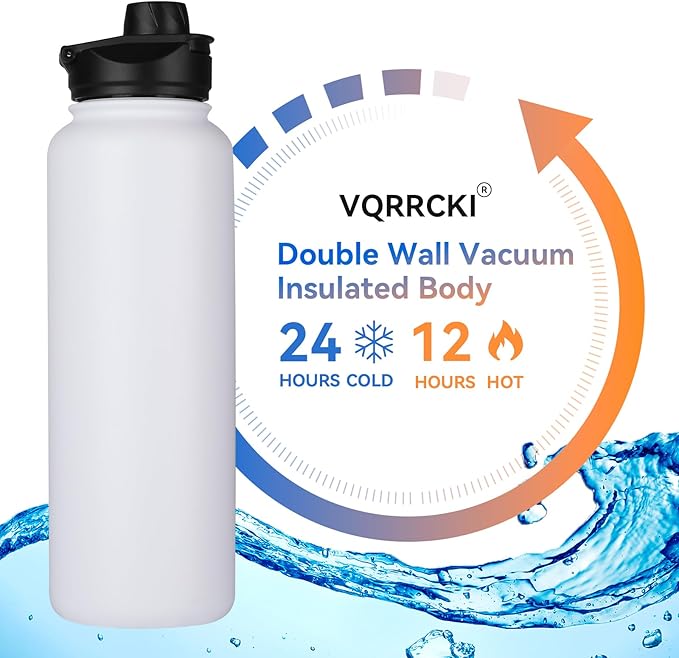 40 oz Insulated Water Bottle with Straw, Stainless Steel Sports Water Bottles with 2 Lids (Straw and Wide Mouth lid), Double Wall Vacuum, Leakproof, BPA-Free, White