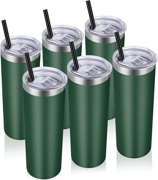 VEGOND Stainless Steel Tumblers Bulk 6 Pack, 20 oz Vacuum Insulated Skinny Tumblers with Lid and Straw, Double Wall Coffee Mug, Travel Water Cup, Dark Green