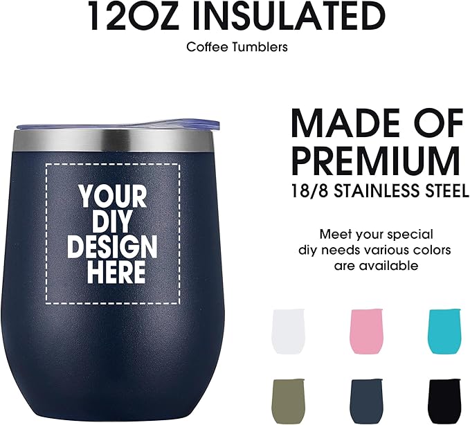 Personalized Custom Wine Tumbler Print in USA 12oz Stainless Steel Travel Coffee Cup with Lid & Straw Double Wall Insulated Mug with Colorful Text Logo Photo
