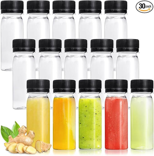 30 Pcs 2 Oz Small Plastic Bottles for Liquids,Ginger Shot Bottle with Lids,Reusable Bulk Beverage Containers for Juice,Liquor,Potion,Wellness,DIY,Wedding,Party,Travel(Black Cap)
