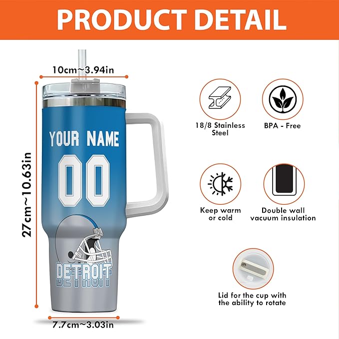 Personalized Football Tumbler with Handle & Straw, 40oz Stainless Steel Insulated Travel Mug, Name & Number Cup, Game Day Fan Gift (Detroit Colors)
