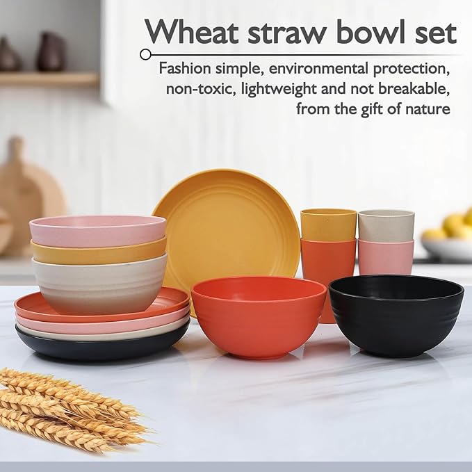 12pcs Kids Wheat Straw Dinnerware Sets, Wheat Straw Plates and Bowls Set for 4 Microwave Safe (Black)