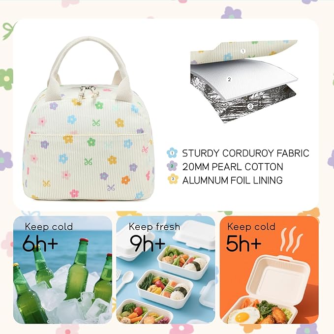 BTOOP Lunch Box for Women Men Cute Corduroy Lunch Bags Large Capacity Insulated Lunch Tote Bag For Work Travel Or Picnic (Colorful Floral Bow)