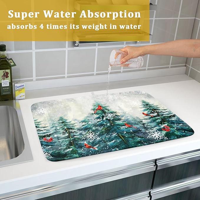 Pine Tree Dish Drying Mat for Kitchen Countertop Red Bird Dishes Mats Winter Decorative Absorbent Reversible Drainer Rack Pad 18x24 Inch