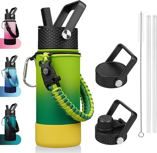 BJPKPK Water Bottle with Straw Lid, 18oz Insulated Water Bottles with 3 Lids, Paracord Handle & Non-slip Boot,Stainless Steel Metal Thermo,BPA Free Leak Proof Tumblers,Bamboo Grove