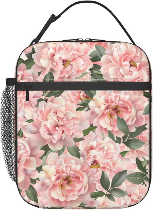 Reusable Pink Peony Floral Lunch Box for Kids Girls Boys Women Adult, Insulated Romantic Flower Lunch Bag,Polyester Cooler Handbags Case for School Picnic Work Travel Beach or Hiking