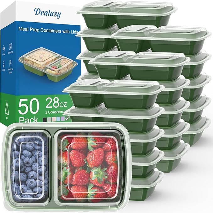50 Pack (100-Piece) 28 oz Meal Prep Containers Reusable with Lids 2-Compartment, Sturdy Leakproof Food Safe, Microwave Freezer Dishwasher Safe, To Go Take Out Plastic Food Storage, Green
