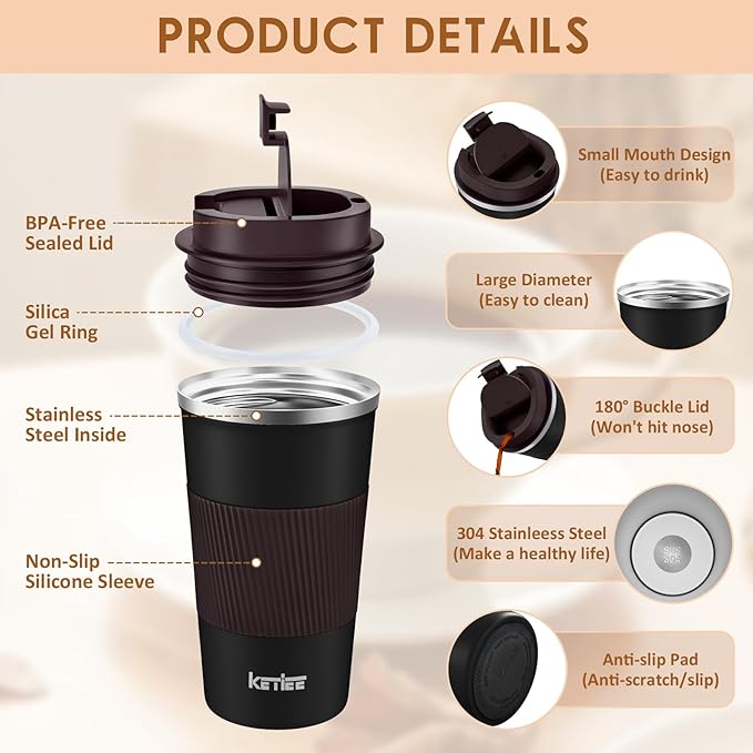 KETIEE Travel Mug, 12oz Insulated Coffee Cup with Leakproof Lid, Vacuum Stainless Steel Double-Wall Travel Coffee Mug Spill Proof, Reusable Tumbler for Men and Women for Hot & Cold Drinks