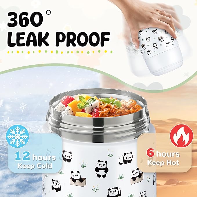 10oz Soup Thermo for Hot Food Kids Insulated Food Jar with Spoon Wide Mouth Stainless Steel Lunch Container Leak Proof Vacuum Food Box for School Travel Picnic White Panda