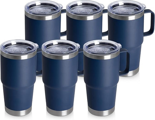 20oz Tumbler Bulk with Lid, Stainless Steel Tumbler Bulk with Handle, Metal Insulated Travel Coffee Mug Set with Handle, Double Wall Vacuum Leak Proof Tumbler Cup, Navy 6 Pack