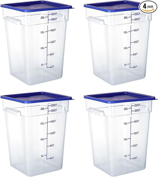 4 Pack Clear Food Storage Containers with Lids and Handles Polycarbonate Square Commercial Food Containers, NSF (22Qt)