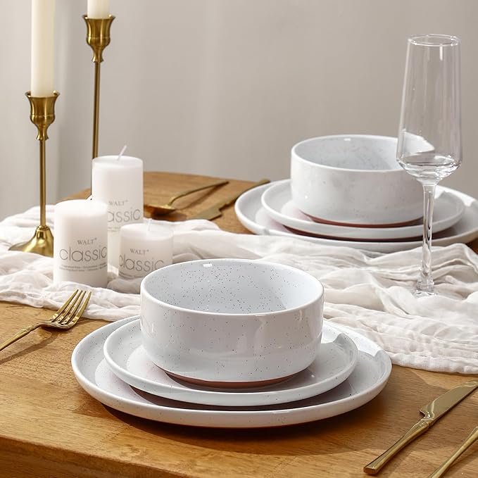 GZG Modern Art Series - 12 Pcs Speckled Stoneware Plates and Bowls Sets, Ceramic Dinnerware Set with Rustic Terracotta Underside, Microwave and Dishwasher Safe Handcrafted Dishes Set - Porcelain White
