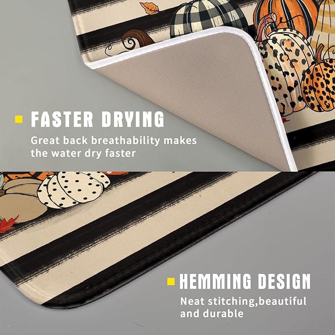 Autumn Pumpkin Dish Drying Mats 16x18 In, Fall Leopard Buffalo Plaid Thanksgiving Halloween Absorbent Microfiber Quick Dry Dishes Drainer Rack Mat for Kitchen Counter Decor