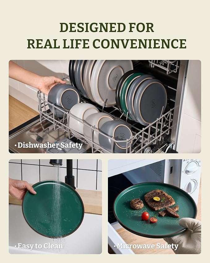 Famiware Mercury Plates and Bowls Sets, 18 Pieces Stoneware Dinnerware Sets, Dishes Set for 6, Microwave and Dishwasher Safe, Dark Green