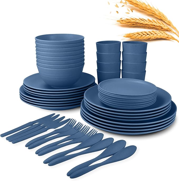 Wrova 64-Piece Service for 8 Dinnerware Set - Unbreakable Wheat Straw Dinnerware sets of 64 - Dinner plates/Snack plates/Cereal bowls/Drinking Cups/Cutlery for Outdoor camping and indoors.Blue