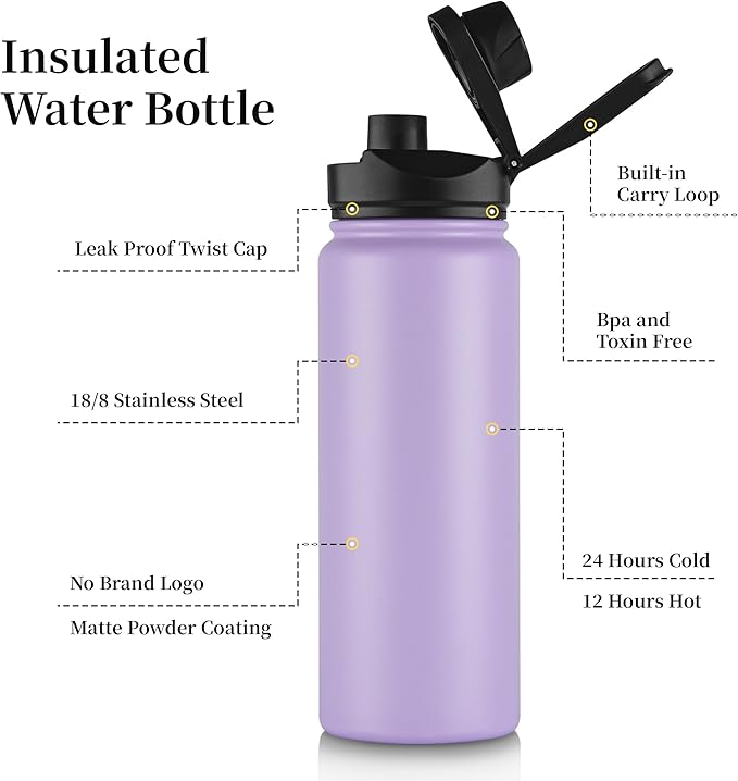 24 oz Insulated Water Bottle Bulk 4 Pack, Stainless Steel Sports Water Bottles with Straw Lid & Wide Mouth Lids, Double Walled Vacuum, Leak Proof, Purple