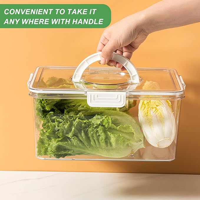 shopwithgreen Storage Containers for Fridge with Lid and Handle, Portable Food Box Container with 3 Removable Colanders, Fresh Produce Saver for Fruit, Vegetable, Refrigerator, Kitchen, Home, Picnic