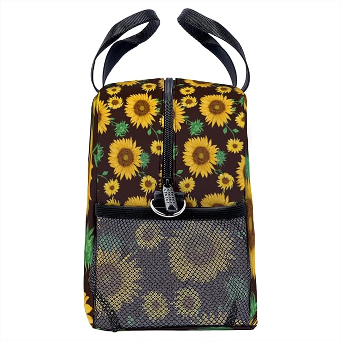 Yellow sunflower Lunch Bag for Women Men Cute Large Capacity Thermal Lunch Tote Reusable Washable with Adjustable Shoulder Strap and Dual Large Mesh Side Pockets