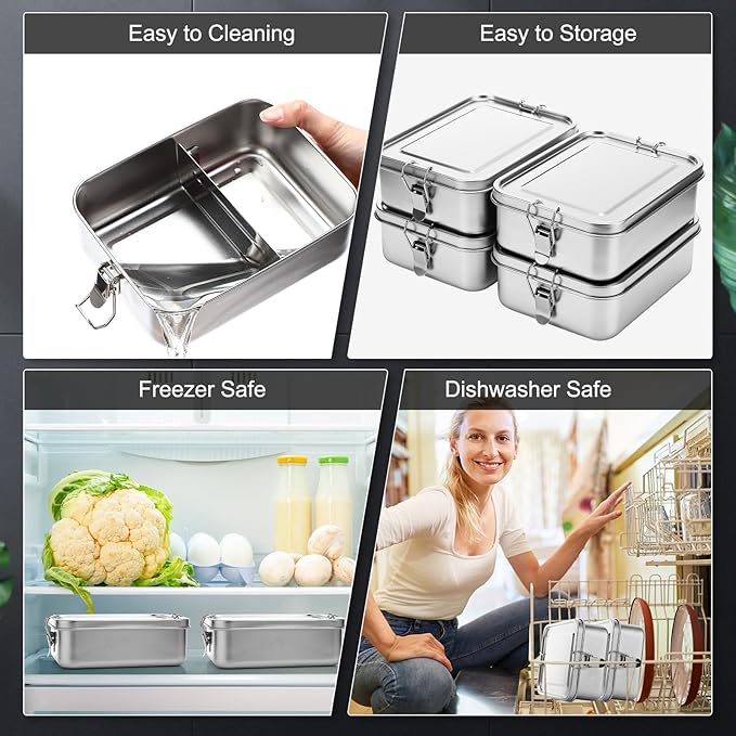 Umigy 4 Pcs Stainless Steel Food Containers 1200ml Metal Bento Lunch Box Stainless Steel Food Storage Containers, Lockable Clips to Leak Proof, Reusable Dishwasher Snack Boxes for Work