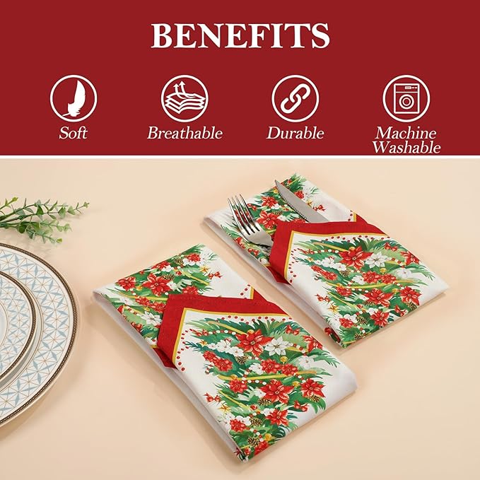Christmas Tree Napkins, 18×18 Inch Floral Dinner Cloth Napkins Set of 6, Washable Cotton Soft Absorbent Square Napkins for Dining Kitchen Party Wedding Decoration