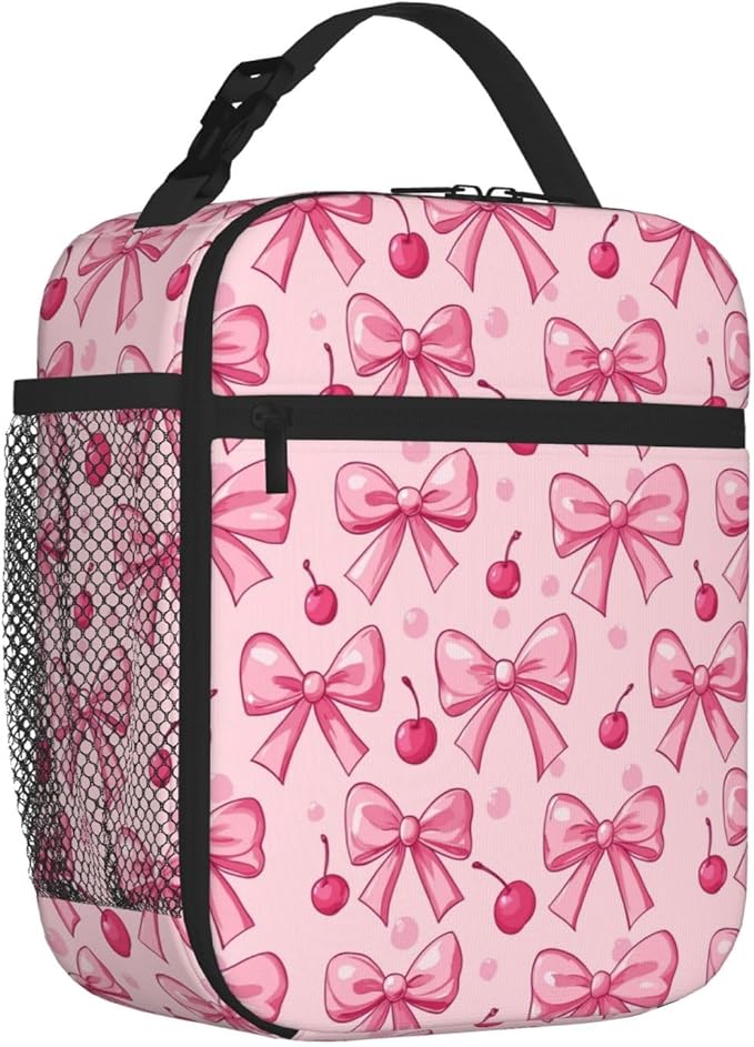 SUPLUCHOM Lunch Bag Pink Bows Cherry Insulated Bento Box Cooler with Side Pocket for Girl Boy Women Men Work School Picnic Hiking Daytrip