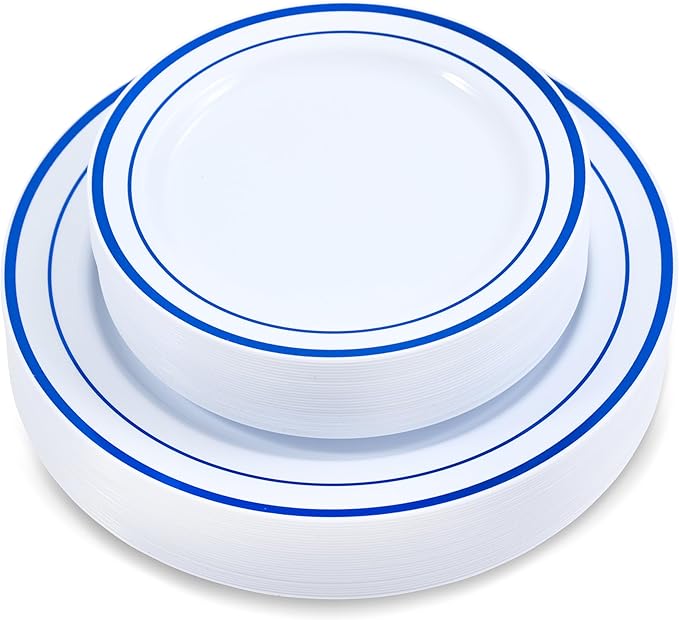 60 Pieces White Plastic Disposable Plates - Premium Heavy-Duty 30 Dinner Plates & 30 Salad Plates with Blue Rim Ideal for Party, Birthday and Special Events