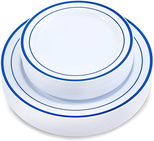 60 Pieces White Plastic Disposable Plates - Premium Heavy-Duty 30 Dinner Plates & 30 Salad Plates with Blue Rim Ideal for Party, Birthday and Special Events
