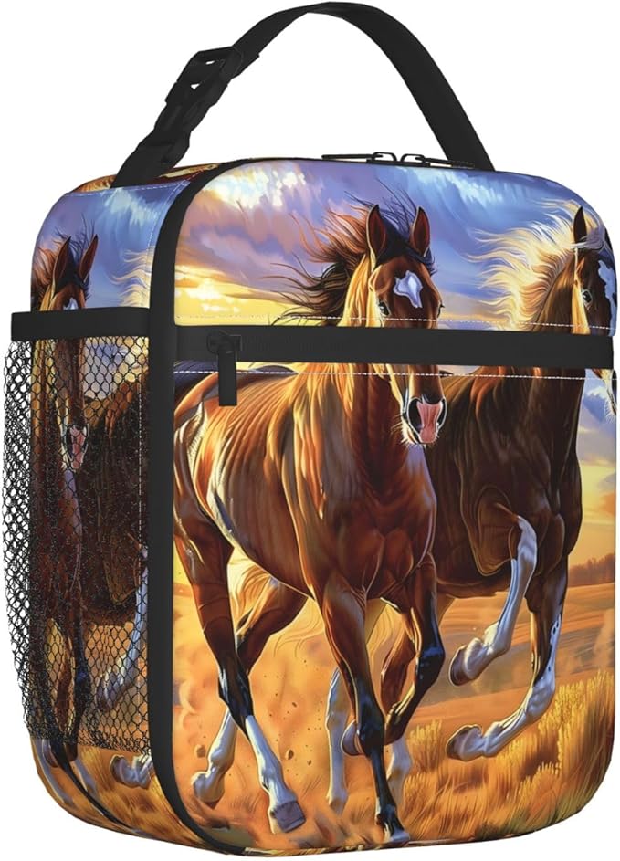 Running Horse Lunch Box for Women Men Boys Kids, Insulated Cooler Beautiful Horse Lunch Bag for School, Picnic, Office, Travel, Work, Portable Reusable Polyester Thermal Tote Lunch Bags