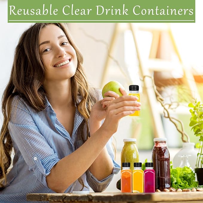 30 Pcs 2oz Plastic Juice Bottles with Caps,Reusable Clear Drink Containers,Transparent Square Bottle with Lids for Juices,Milk,Smoothies,Tea and Other Beverages(Black)