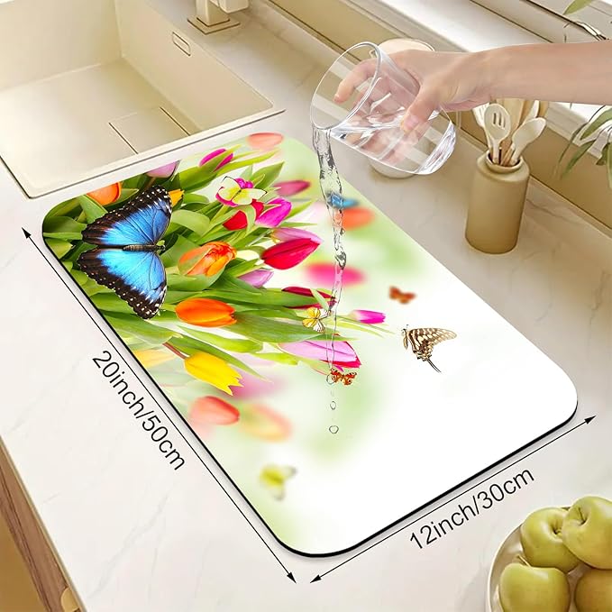 Tulips Butterflies Dish Drying Mats for Kitchen Counter Absorbent Fast Dry Dish Drainer Rack Mats for Dishes Utensils Pot and Pan, Kitchen Accessories 20"x12"