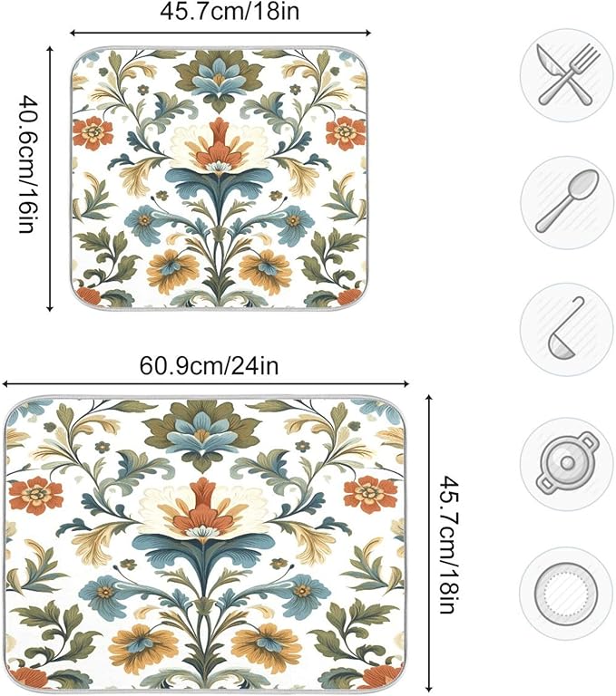 Vintage Colorful Flowers Dish Drying Mat for Kitchen Counter Super Absorbent Dishes Pad Reversible Microfiber Protector Dish Draining Mats 18x24 inch