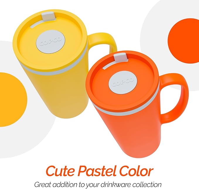 Copco Cone Desk Mug, 16 Ounce (Set of 2) - Double Wall Insulated Mug Set with Lid and Handle, Microwave & Dishwasher Safe, BPA-Free Mug, Desk-Friendly & Car Cup Holder Compatible (Orange/Mustard)