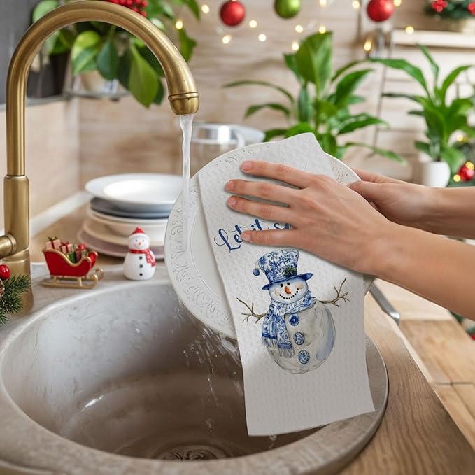 Blue Chinoiserie Christmas Snowman Kitchen Towels, Grandmillennial Xmas Dish Towels Drying Cloth for Kitchen, Let It Snow Winter Snowman Decorative Hand Towel for Bathroom, 16x24 Inch