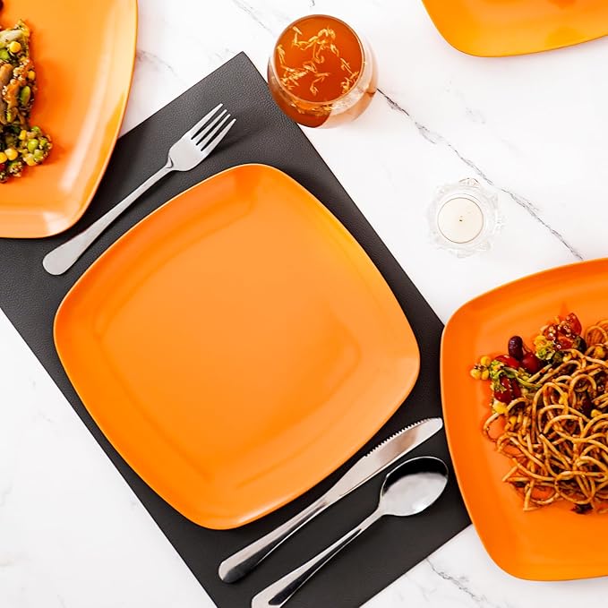 TP 10.5" Melamine Square Dinner Plates, 6-piece Plate Set Unbreakable Serving Dishes for Indoors and Outdoors, Unbreakable Dinner Service for 6, Orange