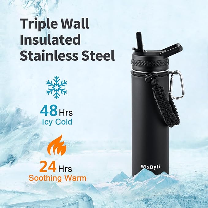 20 oz Insulated Water Bottle with Straw (Cold for 48 Hrs), Stainless Steel Triple Wall Vacuum Sports Water Jug, Leakproof Hydro Cup Flask with Paracord Handle & Straw Spout Lids & DIY Stickers