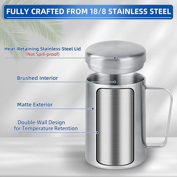12 oz Stainless Steel Double-Walled Mugs – Insulated Coffee & Tea Cups with Handles and Lids for Camping and Everyday Use – Set of 2
