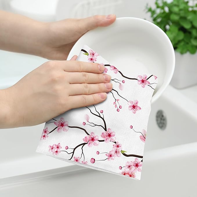 Cherry Blossom Dish Towels for Kitchen Drying,Pink Absorbent Decorative Kitchen Towels dishcloths,Cute Hand Towels Tea Tewels for Kitchen Baking Bar Bathroom Decor
