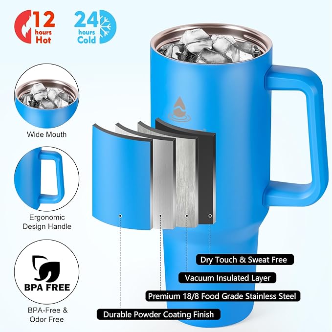 40 oz Tumbler with Handle and Straw or Convert to 40 oz Insulated Water Bottle Fits in Cup Holder. Stainless Steel Metal Water Flask with 2 Lids for Travel,Camping,Gym Sports Coffee Mug Thermal Cup