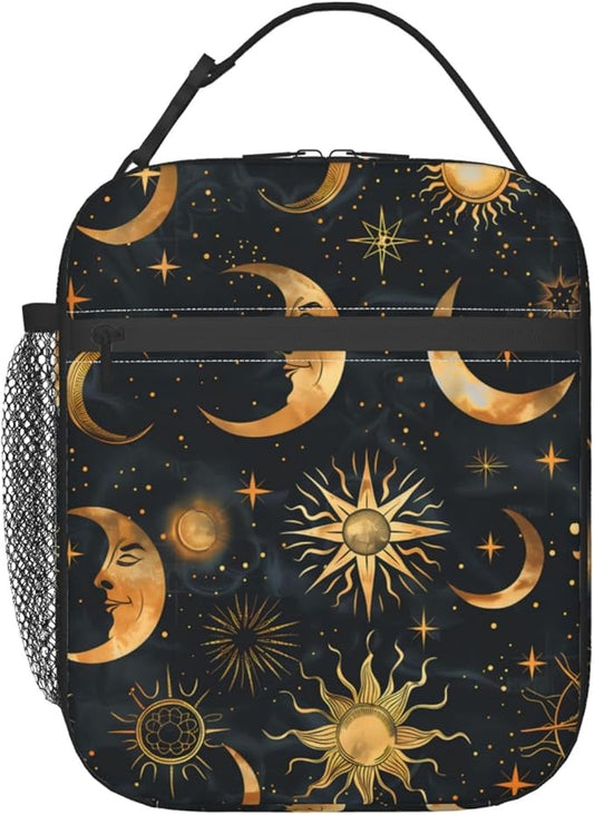 Reusable Celestial Sun and Moon Lunch Box for Kids Girls Boys Women Adult, Insulated Mystical Cosmic Lunch Bag,Polyester Cooler Handbags Case for School Picnic Work Travel Beach or Hiking