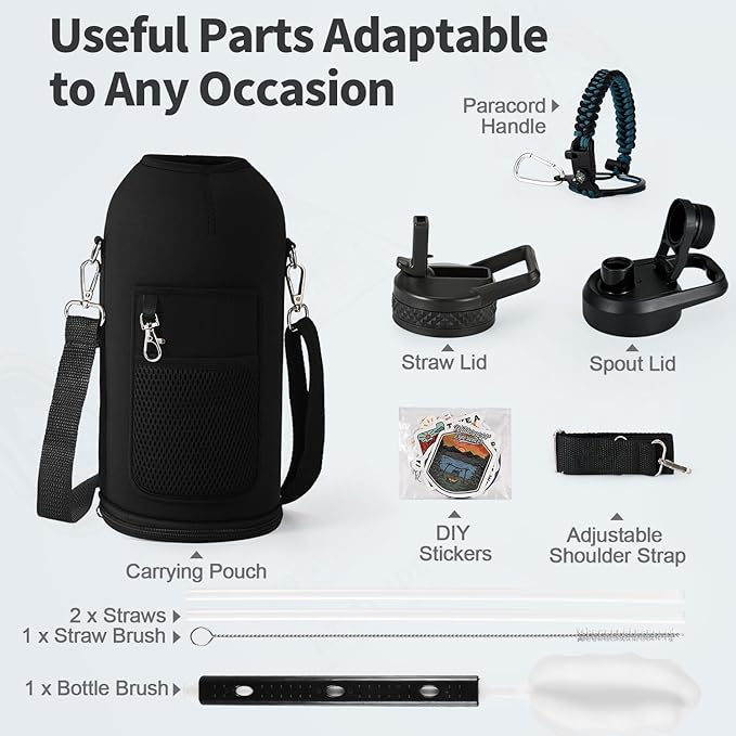 87 oz Insulated Water Bottle with Straw (Cold for 48 Hrs), Half Gallon Stainless Steel Triple Wall Vacuum Sports Water Jug, Leakproof Hydro Cup Flask with Straw Spout Lids & DIY Stickers