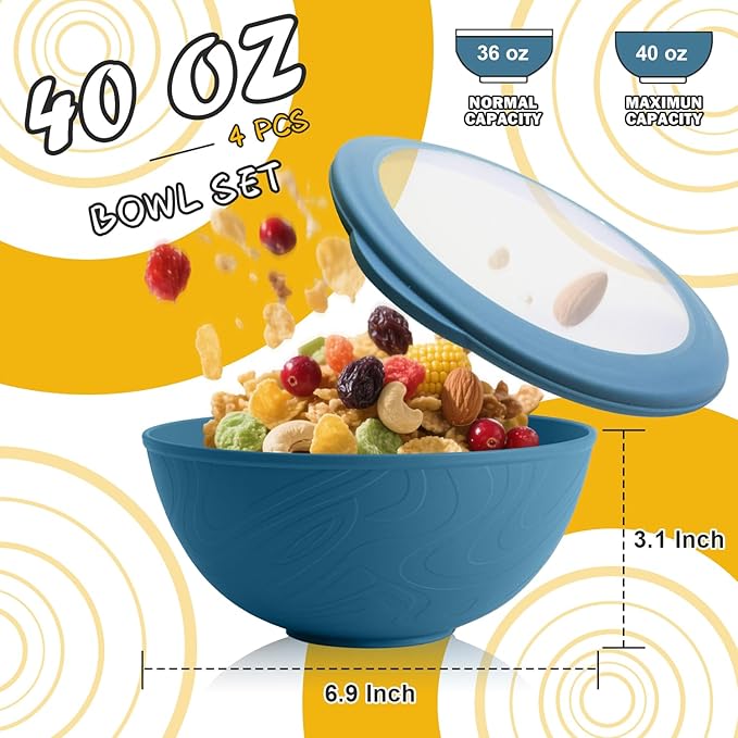 40 OZ Bowls Set of 4, Unbreakable Lightweight Bowls Set with Lid, Microwave & Dishwasher Safe Lunchable Containers, Plastic Reusable Cereal Bowl for Soup, Salad, Noodle, Snack, Fruit, Blue