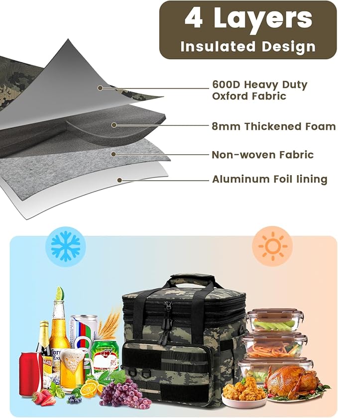 RalChyez Tactical Lunch Bag, 20L Large Heavy Duty Double Deck Insulated Lunch Box Leakproof Expandable Tote Cooler with Shoulder Strap for Adult Men Women Work Fishing Picnic Travel Ocp Camo