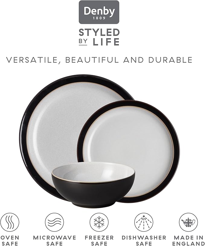 Denby - Elements Black Dinner Set For 4-12 Piece Simple Ceramic Stoneware Tableware Set - Dishwasher Microwave Oven Safe - Scratch Chip Resistant