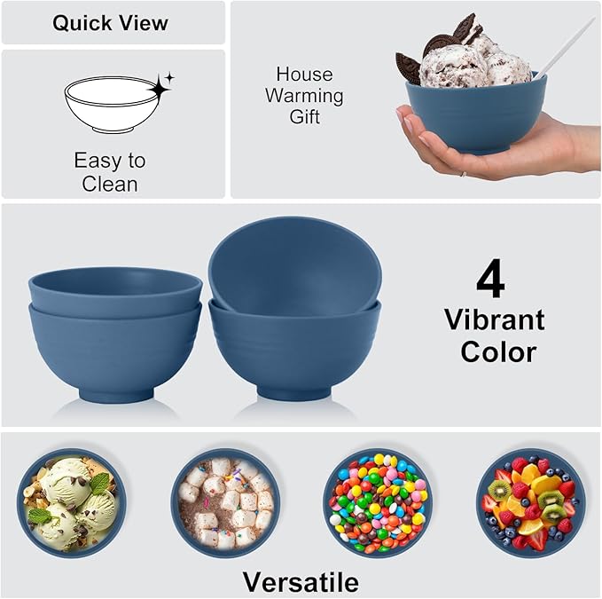 Wrova wheat straw dessert bowls 10oz set of 8 - Unbreakable snack Bowls Dishwasher Safe - Handy Bowls for Ice Cream,Yogurt and Fruits. Blue