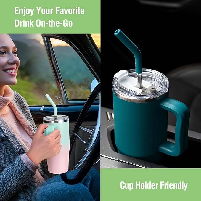 Zukro 24 oz Ceramic Lined Insulated Tumbler with Handle and Straw, No Metal Taste or Smell, Travel Coffee Mug with Spillproof Lids, No Sweat Stainless Steel Cup, Dishwasher Safe, Teal