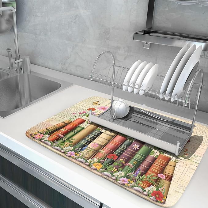 Vintage Books Dish Drying Mat - Retro Flower Kitchen Countertop Cloth Pad 18 x 24 In