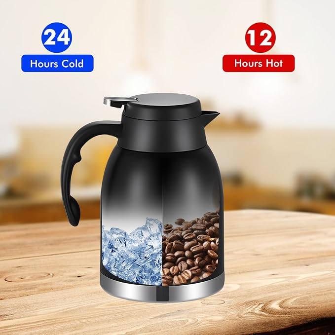 54oz 2PCS Stainless Steel Thermal Coffee Carafe Dispenser with Brush,Double Wall Vacuum Flask 1.6L Water Tea Pot Beverage Pitcher for Cold Drinks in Summer (Matte Black,2Pack)